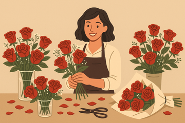 Illustrated florist preparing red rose bouquets for Valentine’s Day using fresh flowers and floral supplies sourced from NY Floral Supply, a Long Island wholesale florist serving Nassau and Suffolk County.
