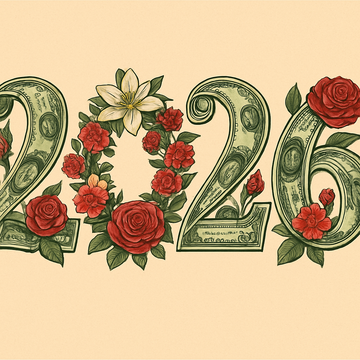 2026 illustrated with U.S. dollar bills and fresh flowers representing growth, profitability, and success for Long Island florists using NY Floral Supply for wholesale flowers and supplies