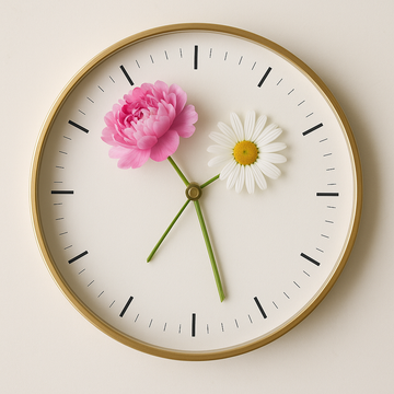 “Floral-inspired clock with a peony and daisy forming the hour and minute hands, symbolizing time-sensitive flower sourcing at NY Floral Supply, a Long Island wholesale supplier of fresh flowers, florist supplies, and hardgoods