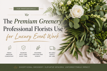 Premium wholesale greenery including Italian ruscus, seeded eucalyptus, silver dollar eucalyptus, and specialty imported foliage arranged for professional wedding florists and luxury event designers at NY Floral Supply in Farmingdale, NY.