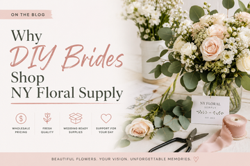 DIY wedding florist arranging wholesale roses, hydrangea, greenery, and imported flowers with floral supplies and hardgoods inside NY Floral Supply’s wholesale flower warehouse in Farmingdale, NY.