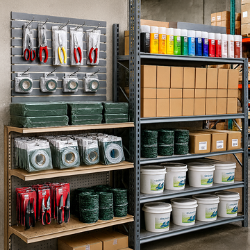 Neatly organized warehouse display of wholesale florist tools and supplies including pruning snippers, floral knives, floral tape, wire rolls, Design Master spray paint, and boxes of water tubes arranged on gondola shelving at NY Floral Supply.