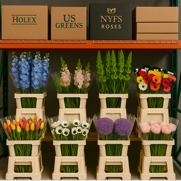 Dutch-style floral buckets filled with wholesale fresh flowers including light blue delphinium, sorbet snapdragons, bells of Ireland, assorted gerbera sleeves, mixed tulips, panda anemone, purple allium, and blush peonies displayed under HOLEX, US Greens, and NYFS Roses boxes at NY Floral Supply