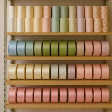 Shelves stocked with wholesale Korean wrapping paper and premium satin ribbons in assorted pastel colors, patterns, and textures, neatly arranged front-to-back to showcase a wide variety of floral packaging supplies at NY Floral Supply.