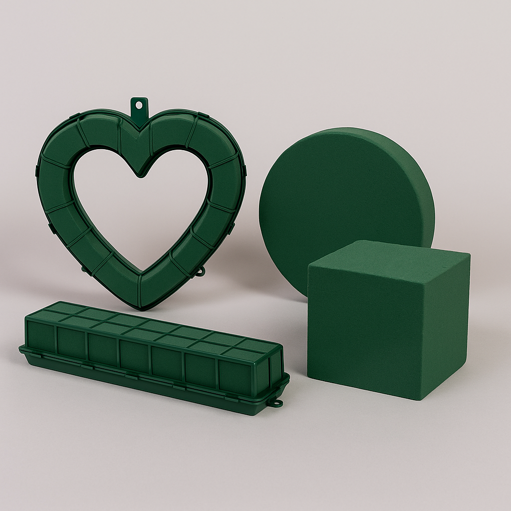 Wholesale floral foam shapes including heart, wreath, block, and cage forms for professional florists — premium design mechanics from NY Floral Supply.
