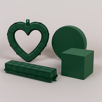 Wholesale floral foam shapes including heart, wreath, block, and cage forms for professional florists — premium design mechanics from NY Floral Supply.