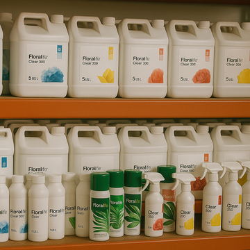 Fully stocked shelves of Floralife flower food and floral preservatives including Clear 300, Clear 500, sprays, and smaller bottles, arranged in bulk quantities at NY Floral Supply.
