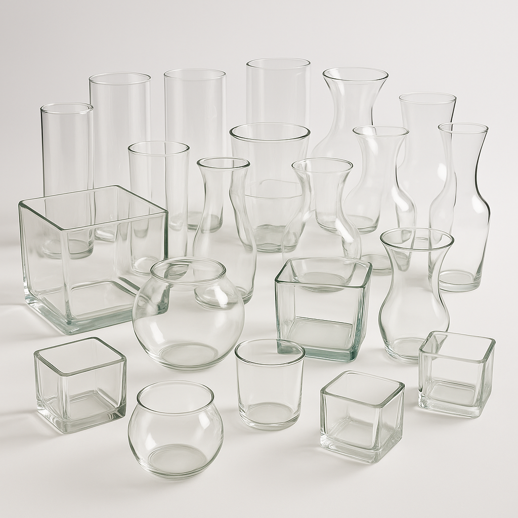 Wholesale clear glass vases for florists — rose vases, cylinder vases, cube vases and containers for floral arrangements from NY Floral Supply