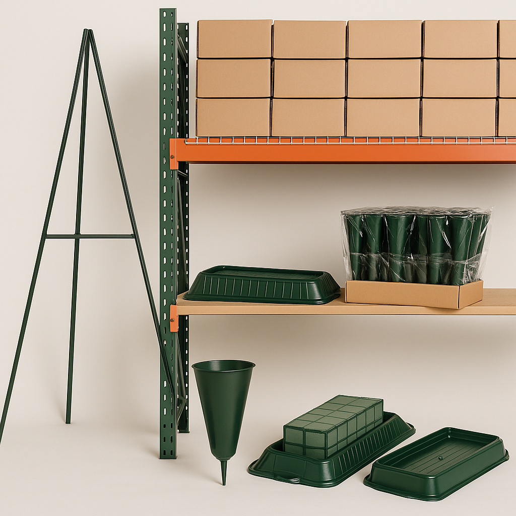 Wholesale sympathy mechanics including funeral easels, casket saddles, cemetery cones, and floral design bases neatly organized on warehouse shelving at NY Floral Supply